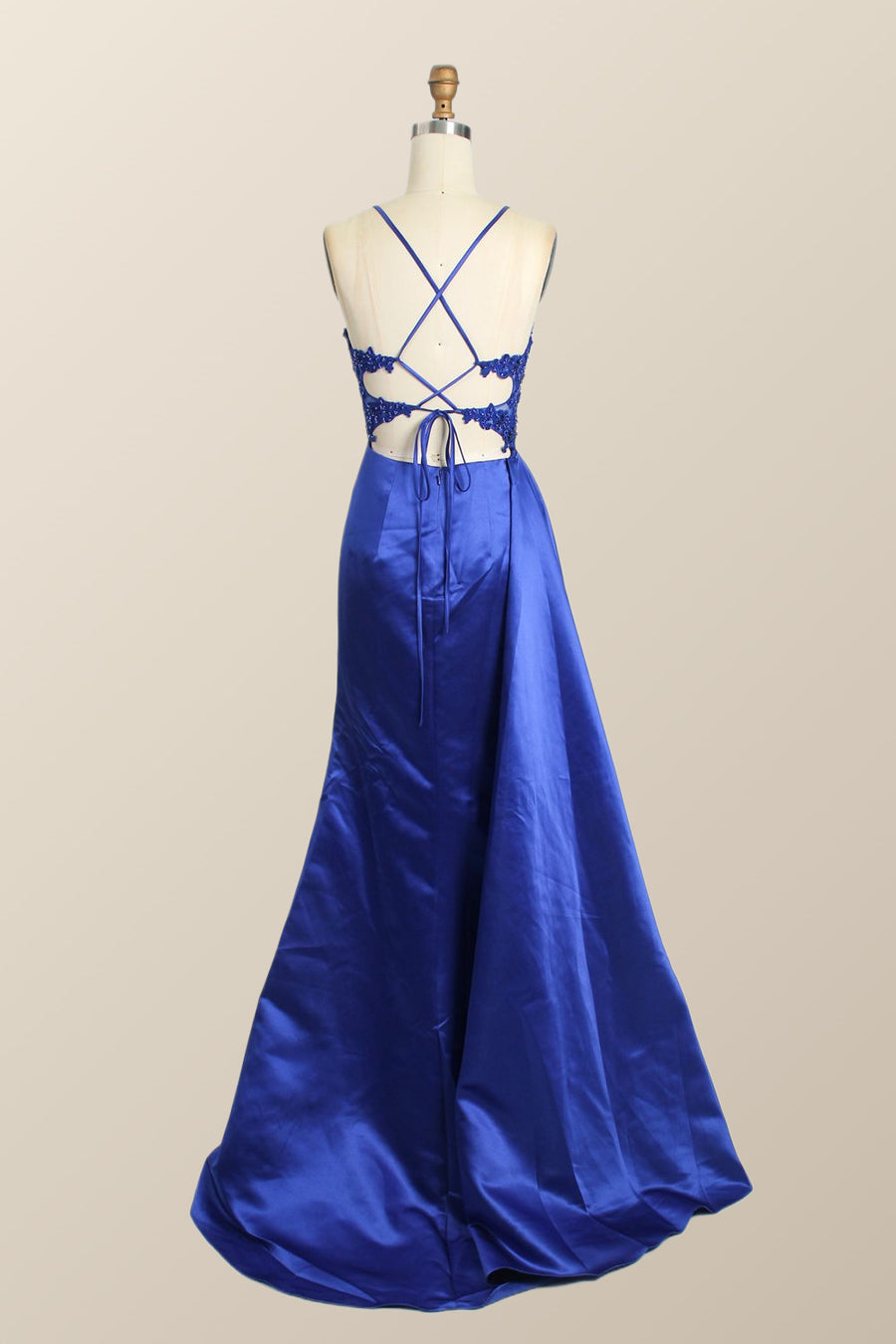 Straps Royal Blue Lace and Satin Mermaid Formal Dress