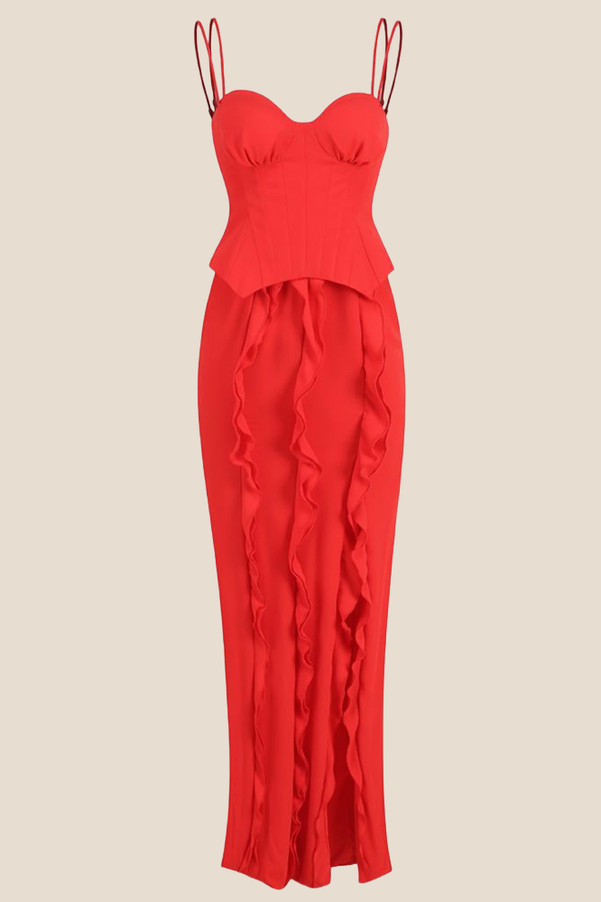 Double Straps Red Ruffle Long Dress with Slit