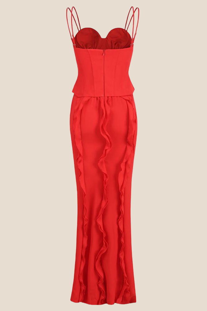 Double Straps Red Ruffle Long Dress with Slit