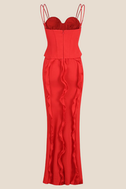 Double Straps Red Ruffle Long Dress with Slit