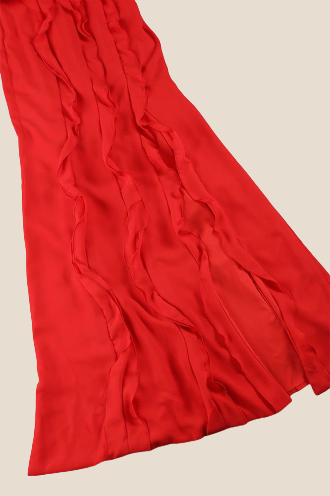 Double Straps Red Ruffle Long Dress with Slit