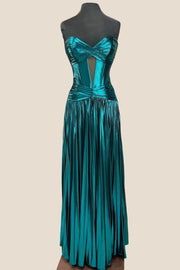 Double Twist Green Pleated Metallic Long Dress