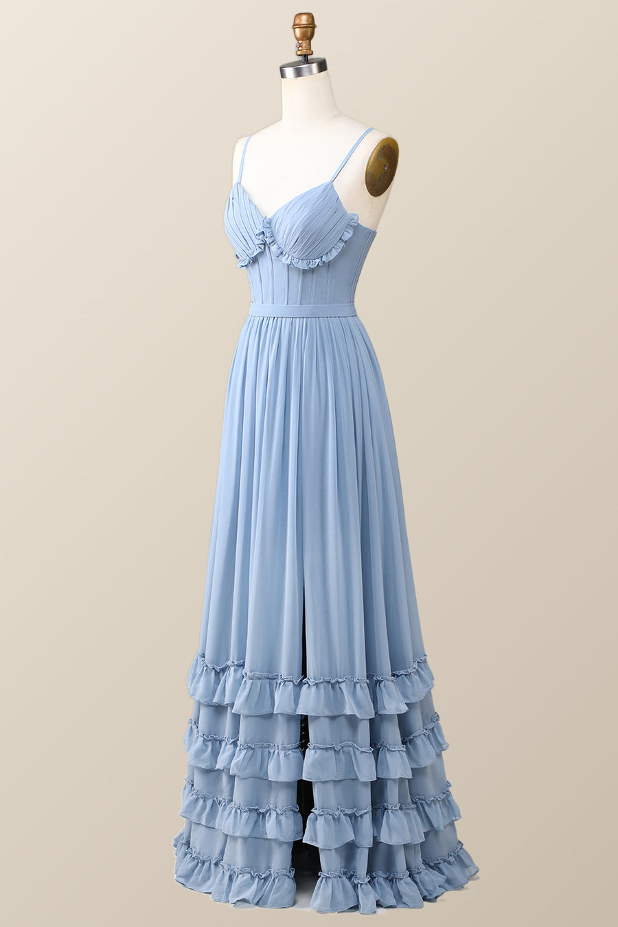Boho Style Dusty Blue Ruffles Long Bridesmaid Dress