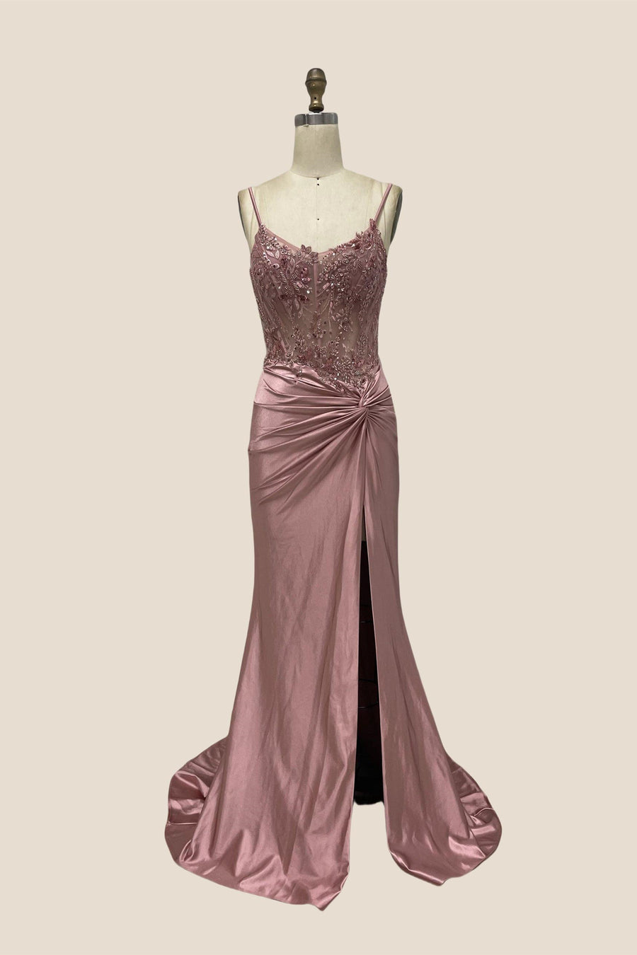 Dusty Rose Beaded Ruched Mermaid Long Dress