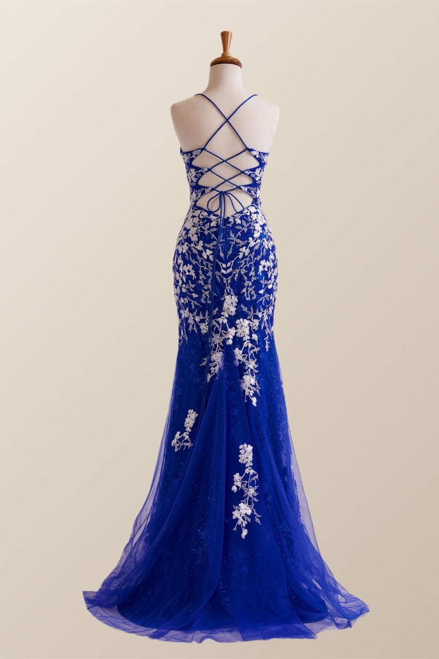 Royal Blue Tulle and White Lace Appliques Mermaid Formal Dress