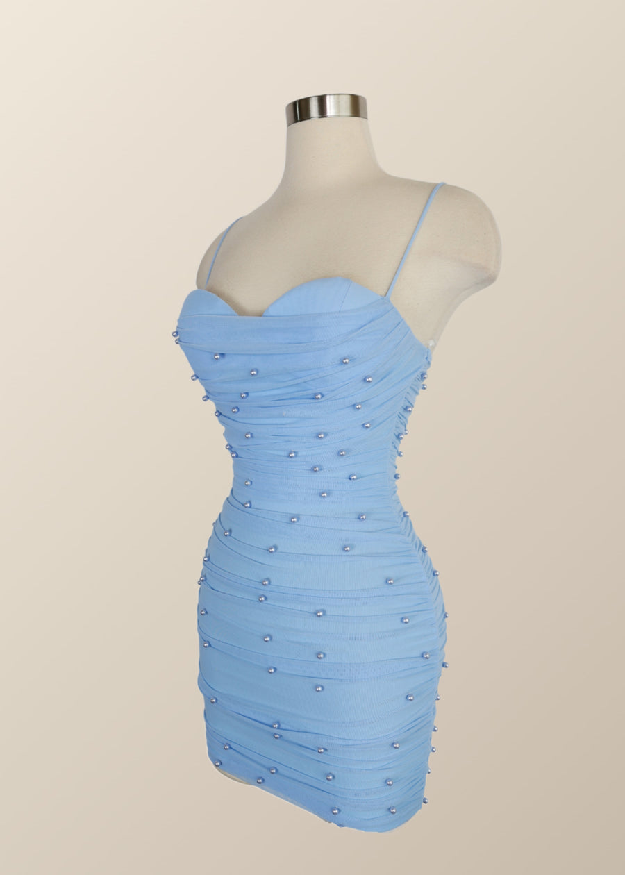 Straps Blue Tight Mini Dress with Pearls Ohmollydress Straps Blue Tight Mini Dress with Pearls Ohmollydress