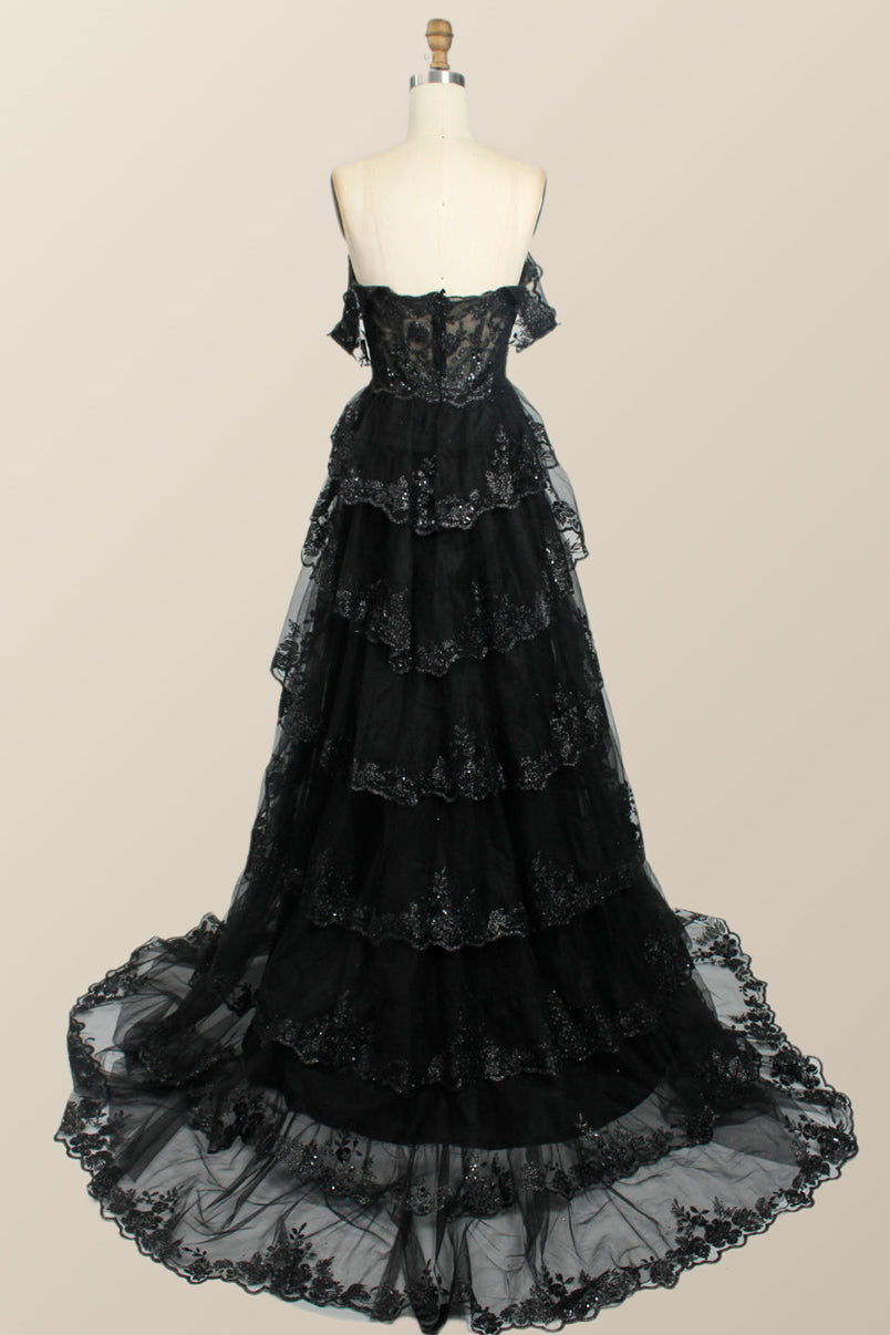 Black Lace Off the Shoulder Tiered Layers Long Formal Gown Ohmollydress Black Lace Off the Shoulder Tiered Layers Long Formal Gown Ohmollydress