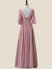 Flare Sleeves Blush Pink Pleated Long Dress