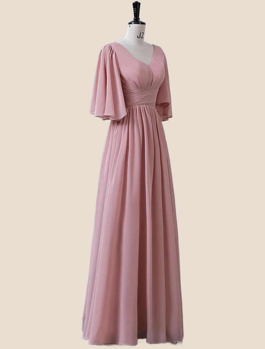 Flare Sleeves Blush Pink Pleated Long Dress