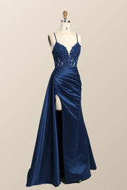 Straps Navy Blue Lace and Satin Mermaid Formal Dress