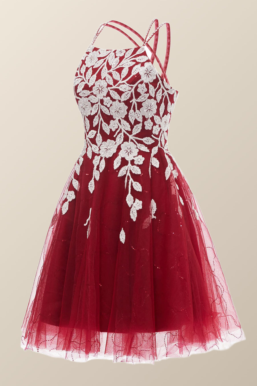 Wine Red Tulle and White Appliques A-line Dress