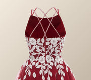 Wine Red Tulle and White Appliques A-line Dress