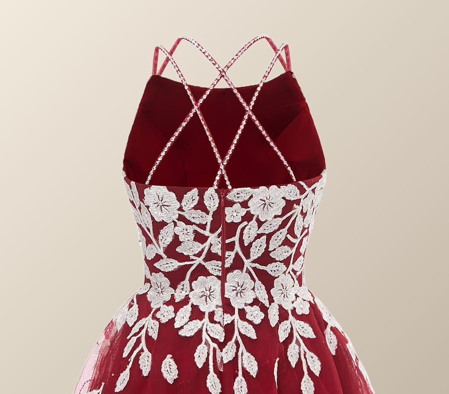 Wine Red Tulle and White Appliques A-line Dress Ohmollydress Wine Red Tulle and White Appliques A-line Dress Ohmollydress