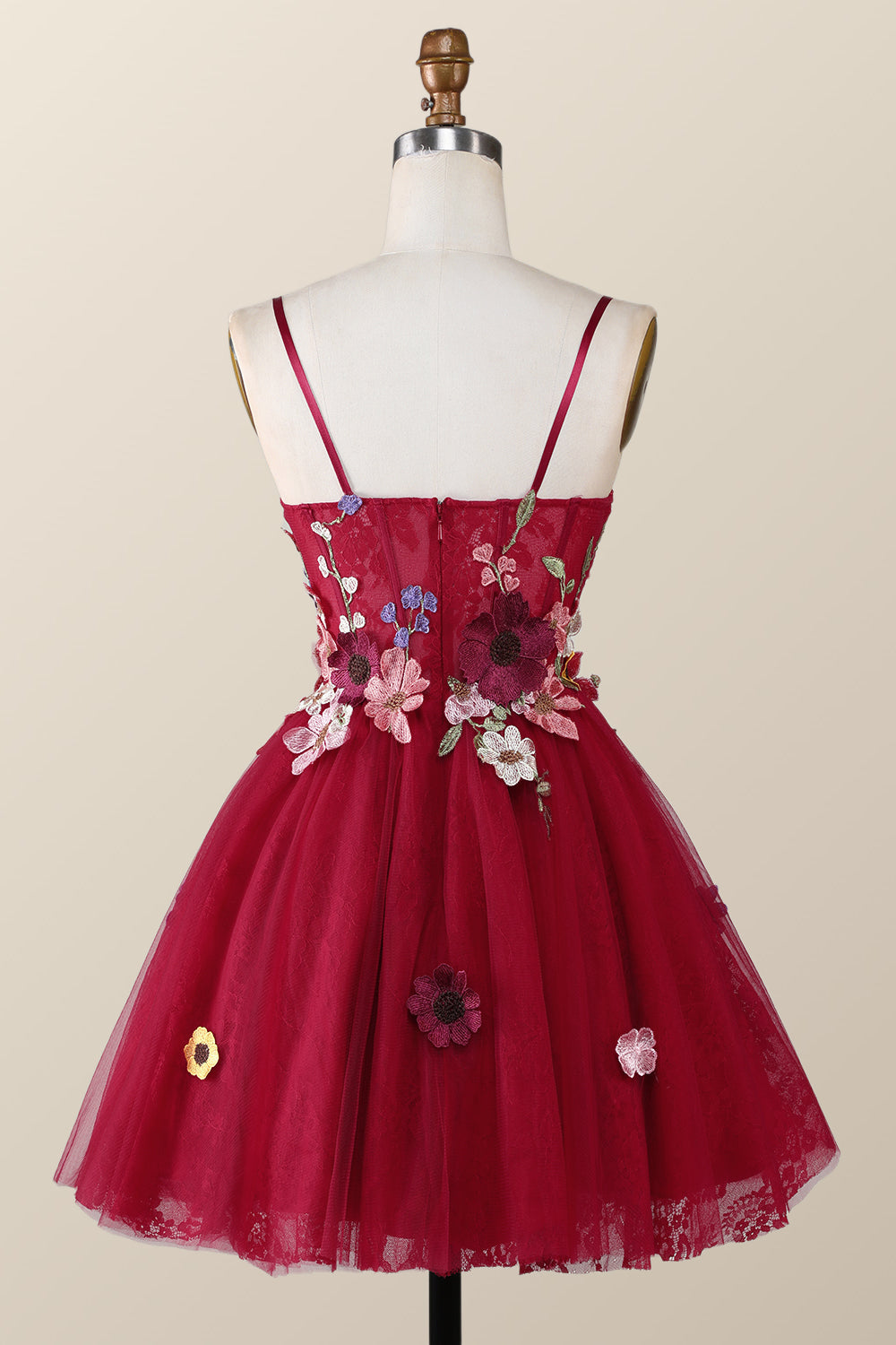 Burgundy Straps Floral Embroidered A-line Homecoming Dress