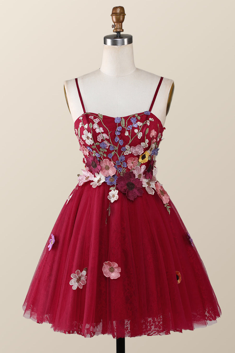 Burgundy Straps Floral Embroidered A-line Homecoming Dress