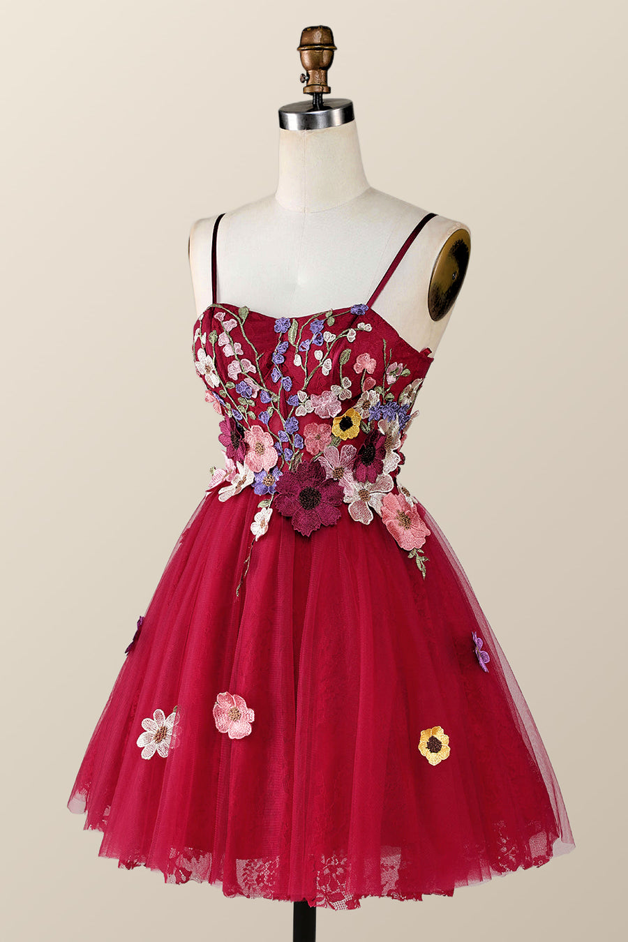 Burgundy Straps Floral Embroidered A-line Homecoming Dress