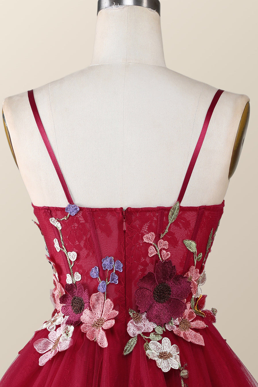 Burgundy Straps Floral Embroidered A-line Homecoming Dress