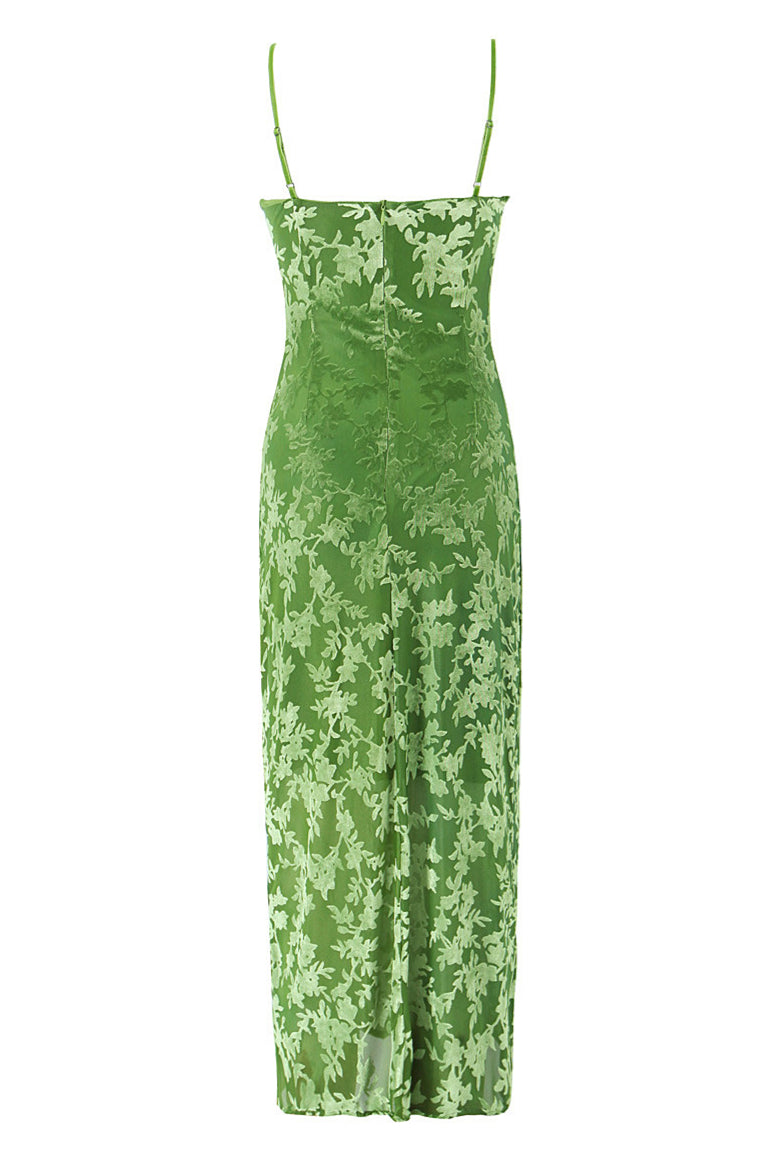 Green Flocking Tie Front Sheath Long Dress