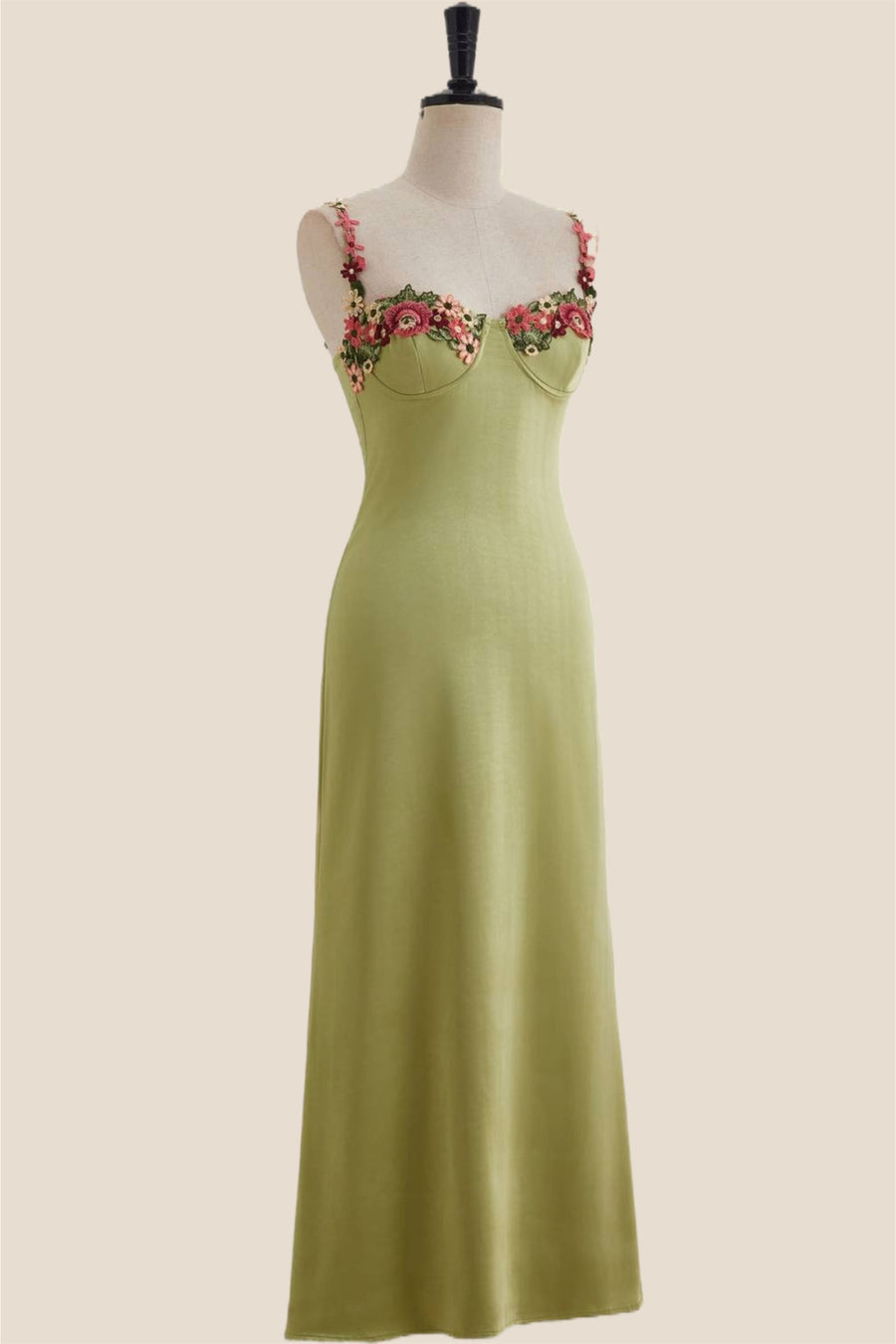 Green Floral Embroidery Sheath Long Dress