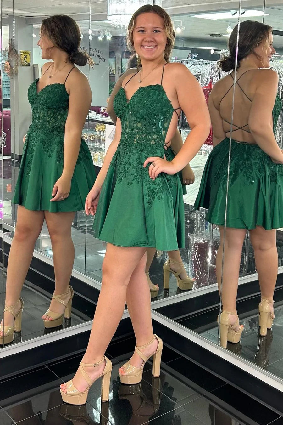 Dark Green Satin and Lace Short Dress