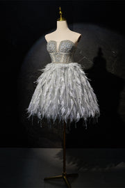 Grey Beaded Strapless Corset Princess Dress with Feathers