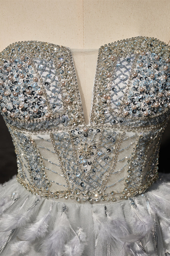 Grey Beaded Strapless Corset Princess Dress with Feathers