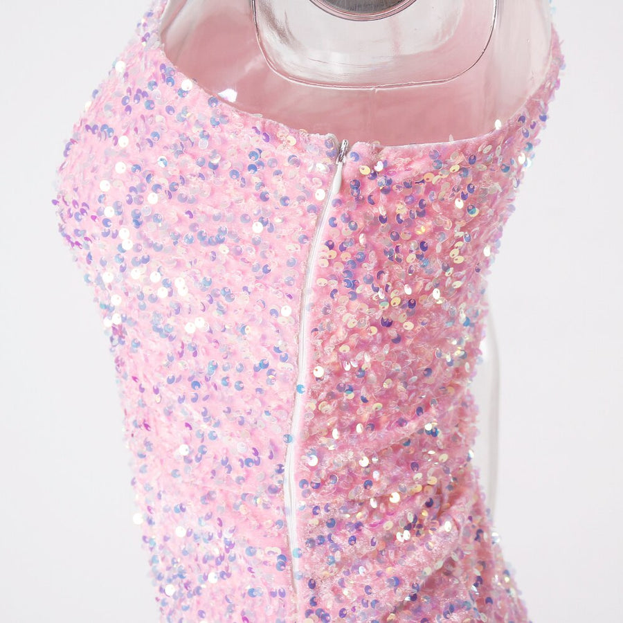 Ruched One Shoulder and Hem Pink Sequin Mini Dress Ohmollydress Ruched One Shoulder and Hem Pink Sequin Mini Dress Ohmollydress