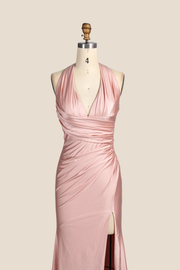 Halter Blush Pink Ruched Long Dress with Slit