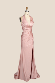 Halter Blush Pink Ruched Long Dress with Slit