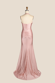 Halter Blush Pink Ruched Long Dress with Slit