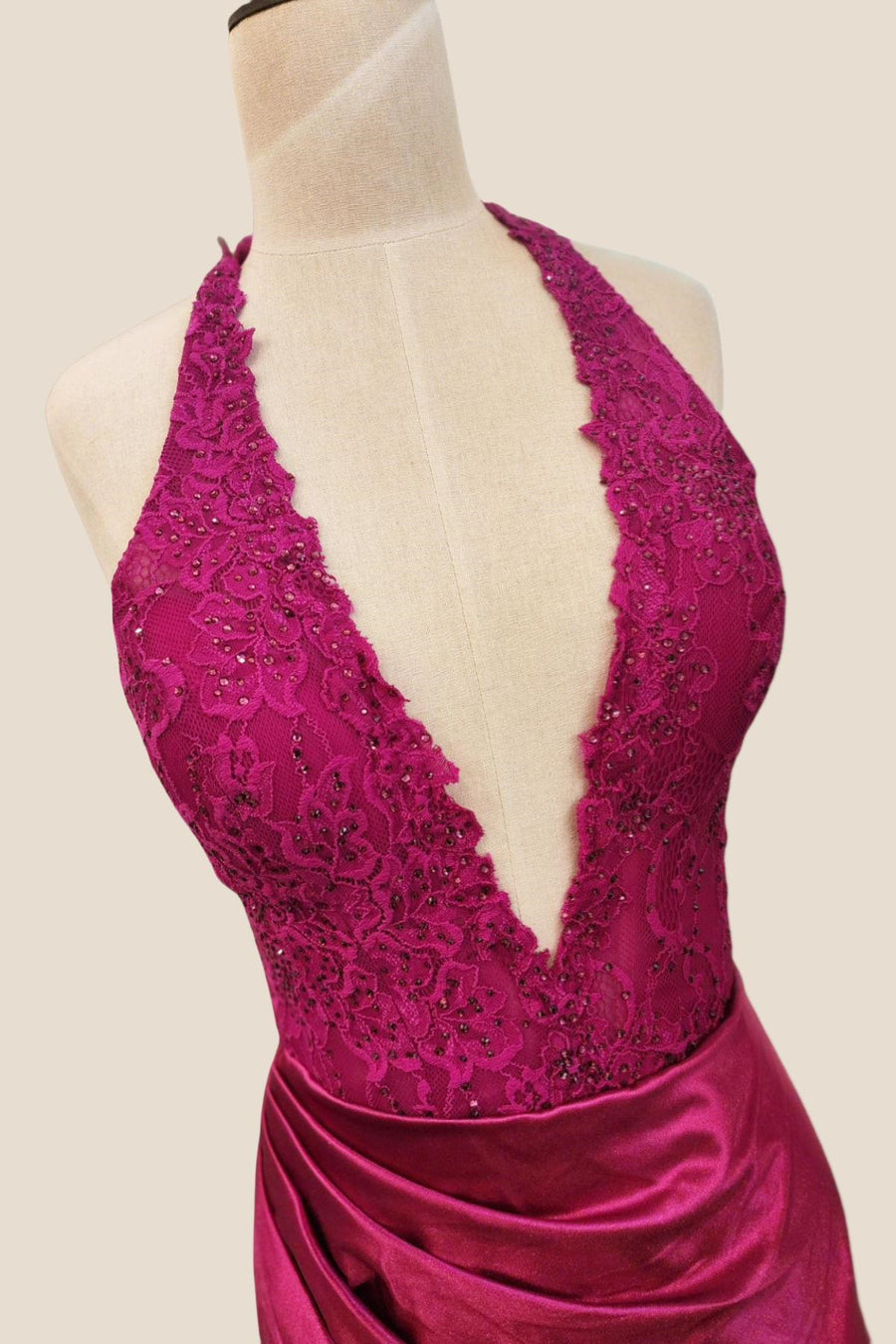 Halter Fuchsia Lace Long Dress with Slit