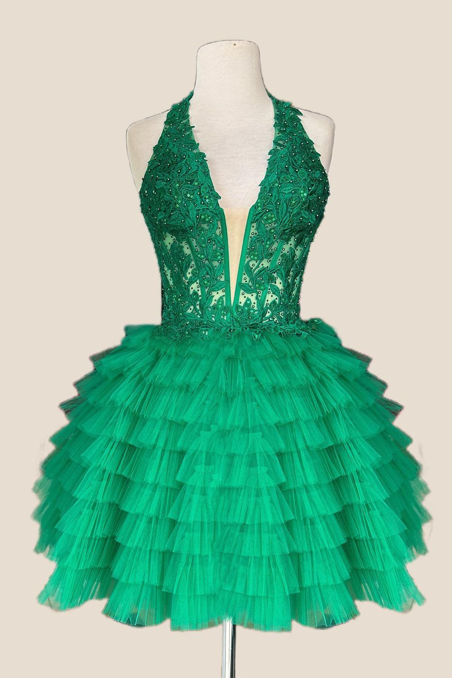 Halter Green Ruffle Short Dress with Appliques