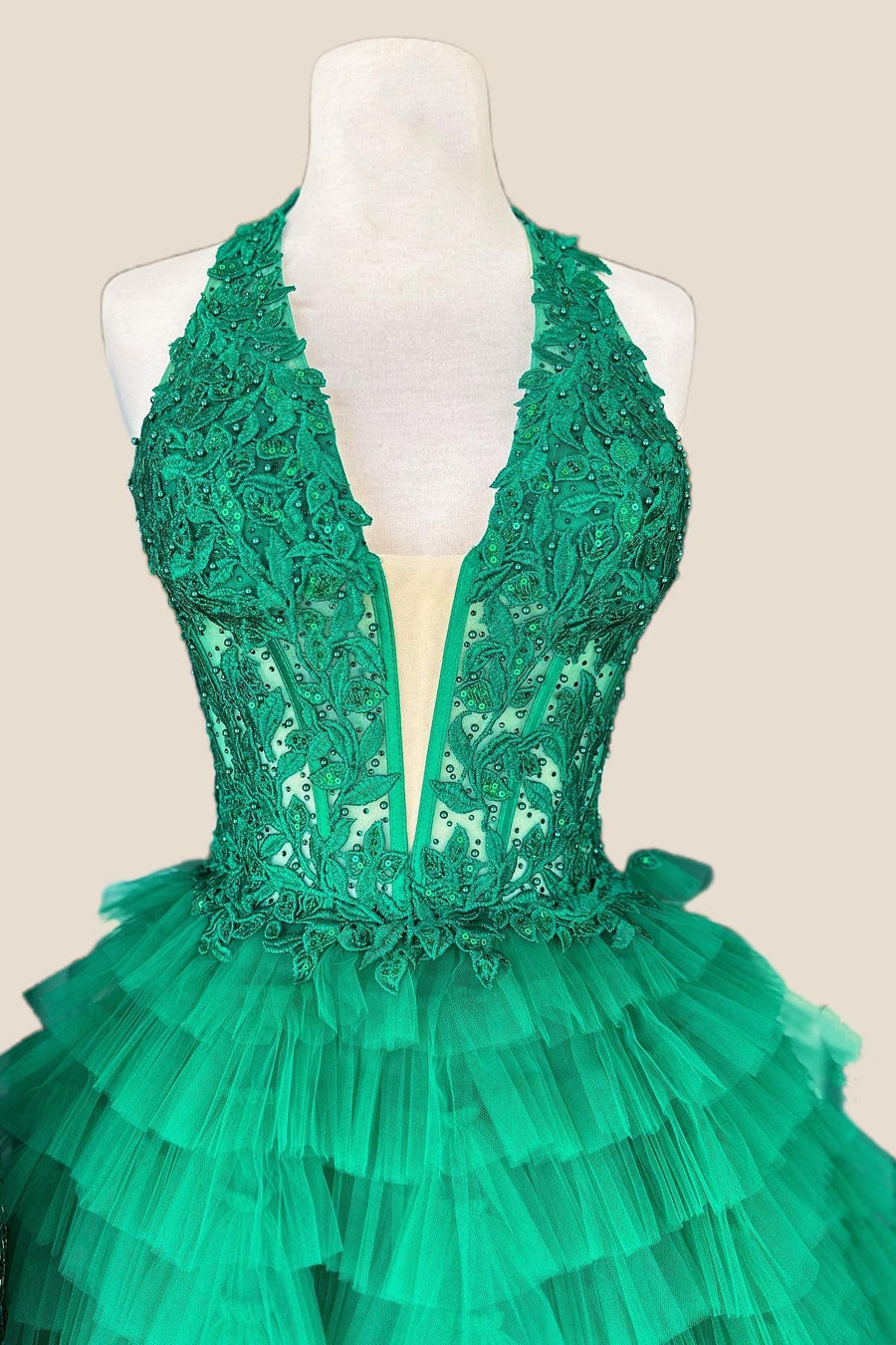 Halter Green Ruffle Short Dress with Appliques