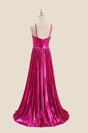 Halter Hot Pink Pleated Metallic Long Dress