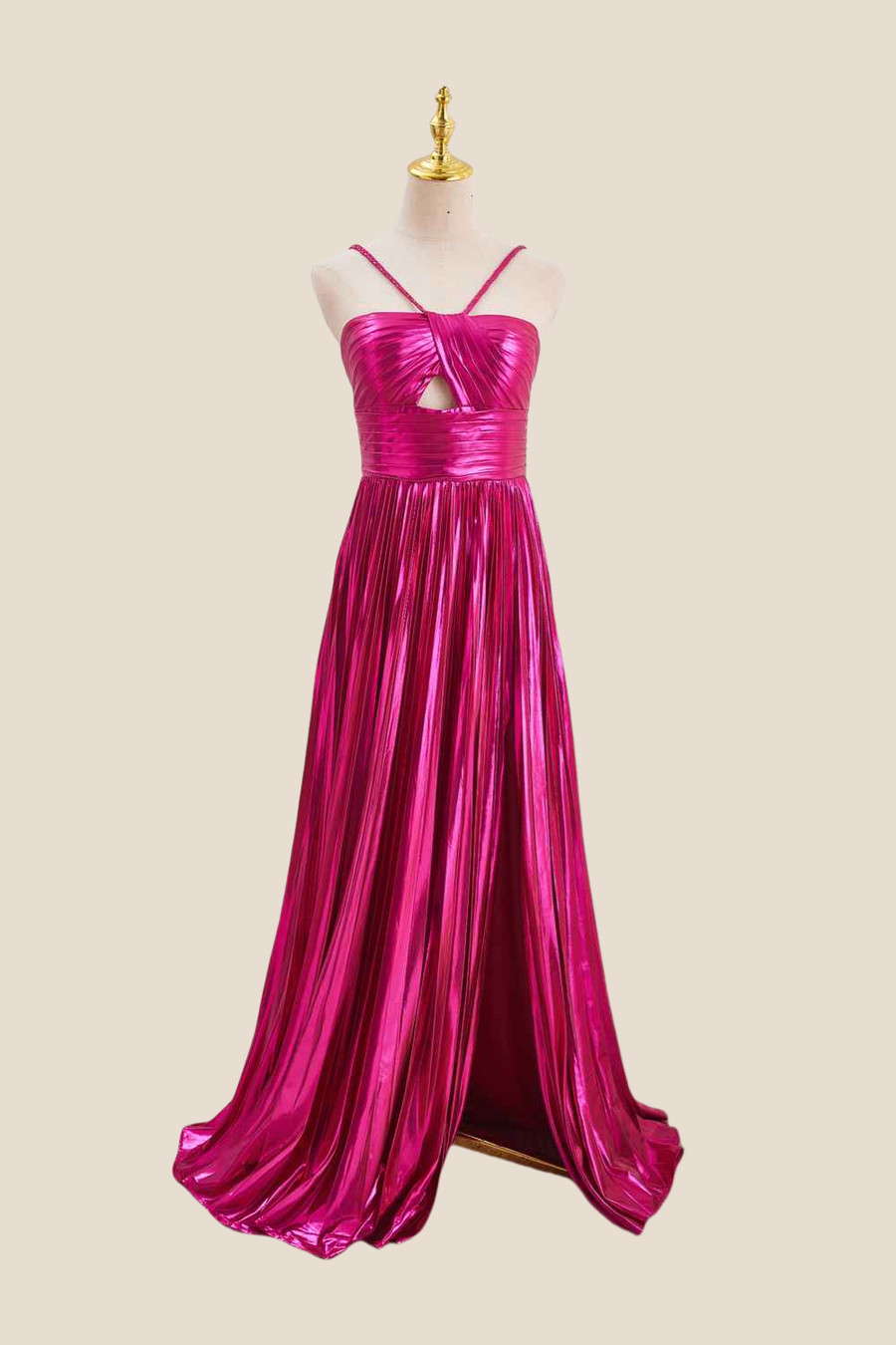 Halter Hot Pink Pleated Metallic Long Dress