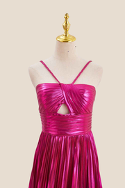 Halter Hot Pink Pleated Metallic Long Dress