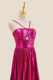 Halter Hot Pink Pleated Metallic Long Dress