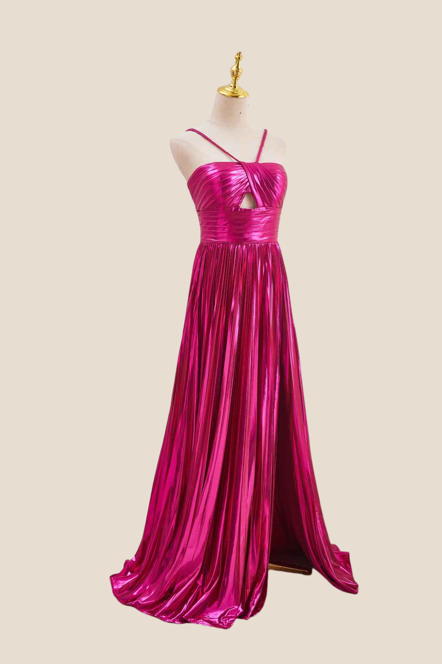 Halter Hot Pink Pleated Metallic Long Dress