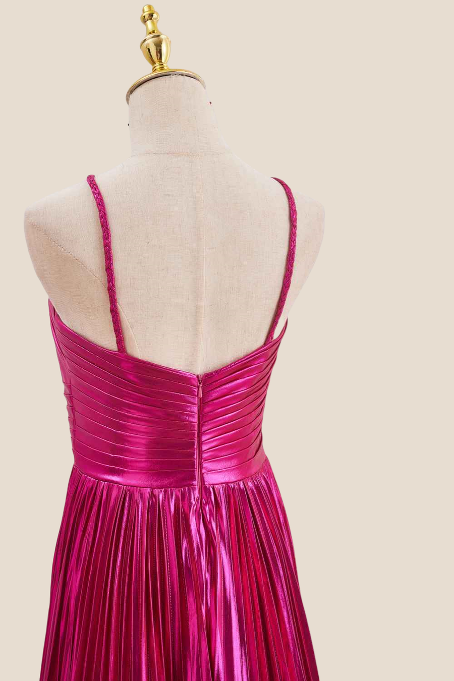 Halter Hot Pink Pleated Metallic Long Dress