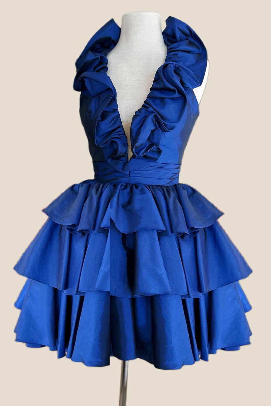 Halter Royal Blue Ruffle Tiered Short Dress