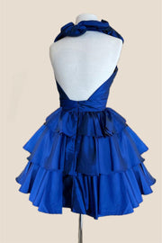 Halter Royal Blue Ruffle Tiered Short Dress