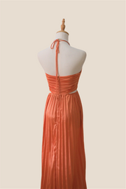 Halter Orange Cutout Pleated Chiffon Long Dress