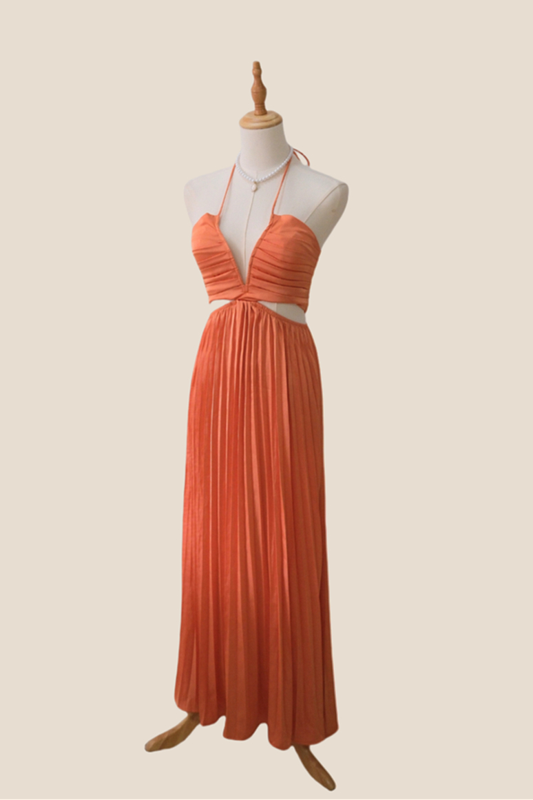 Halter Orange Cutout Pleated Chiffon Long Dress