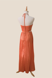 Halter Orange Cutout Pleated Chiffon Long Dress