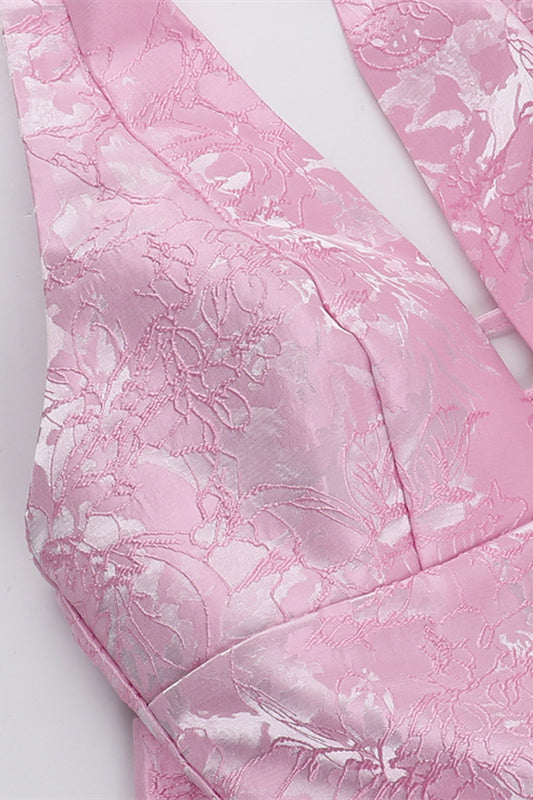 Halter Pink Plunge Short A-line Bow Dress