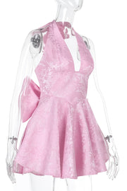 Halter Pink Plunge Short A-line Bow Dress