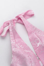 Halter Pink Plunge Short A-line Bow Dress