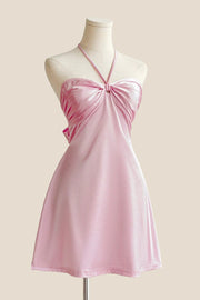 Halter Light Blue Back Tie A-line Short Dress