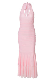 Halter Pink Ruched Tiered Long Dress