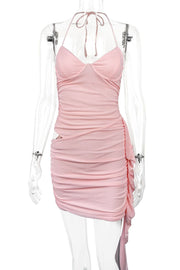 Halter Pink Fitted Frill Train Short Dress